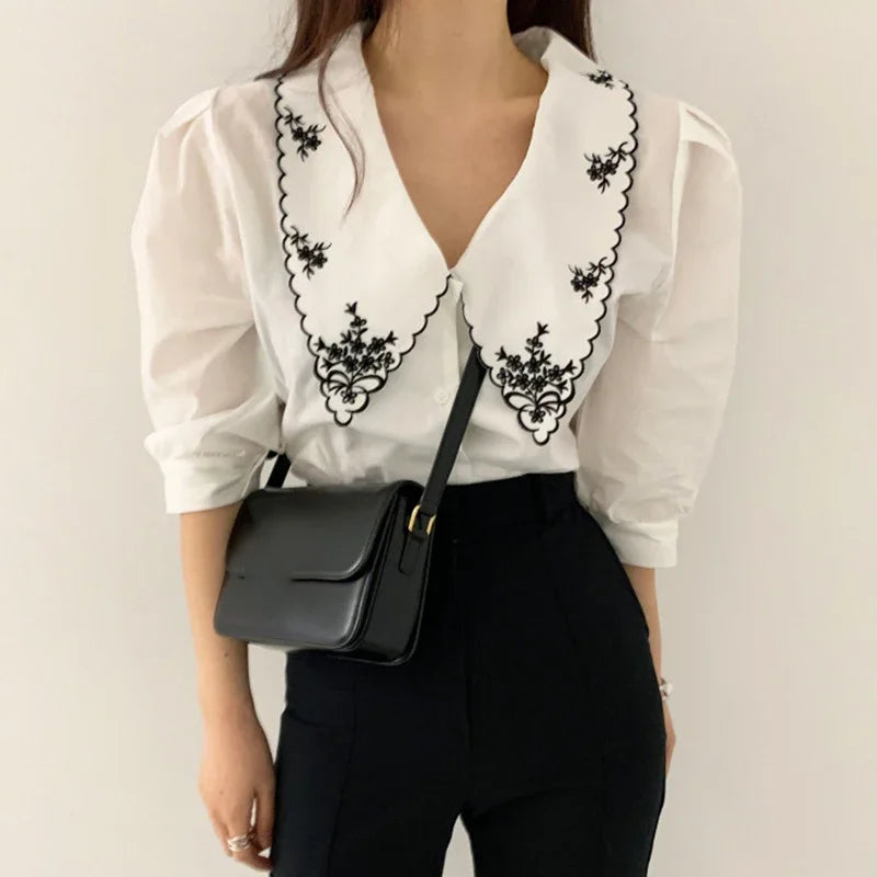 Vintage Half Sleeve Peter Pan Collar Shirt for Women