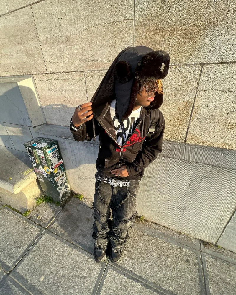 Punk Black High Waist Oversized Jeans for Men