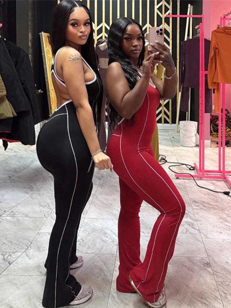 Women’s Summer Sleeveless Sexy Backless Striped Skinny Bodysuit