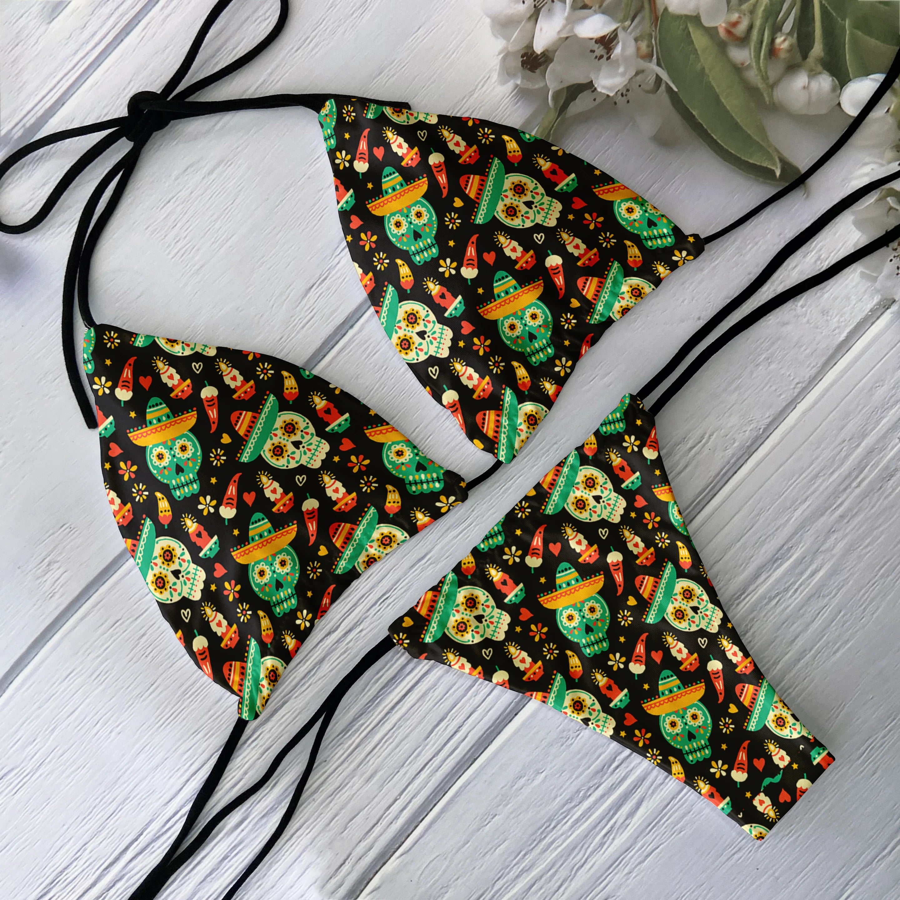 Skull Print Backless Bikini Set