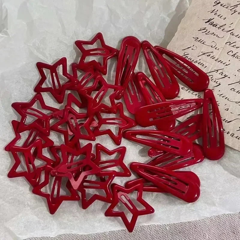 10-Piece Red Star & Waterdrop Hair Clip Set for Women & Girls