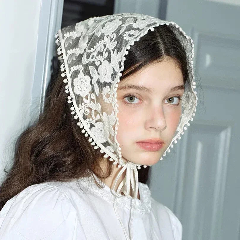 White Woven Floral Lace Headscarf for Women