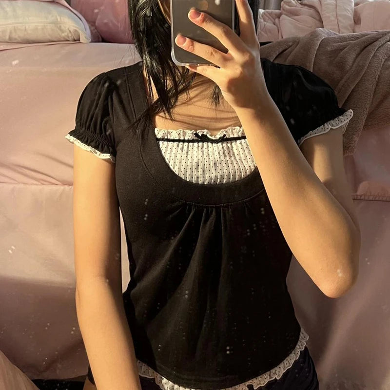 Korean Kawaii Patchwork Crop Top with Square Collar