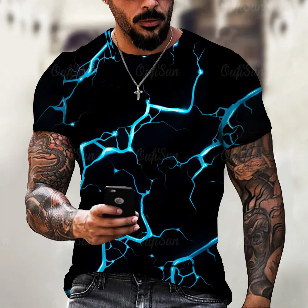 Men’s 3D Lightning Print T-Shirt – Casual Oversized Short Sleeve