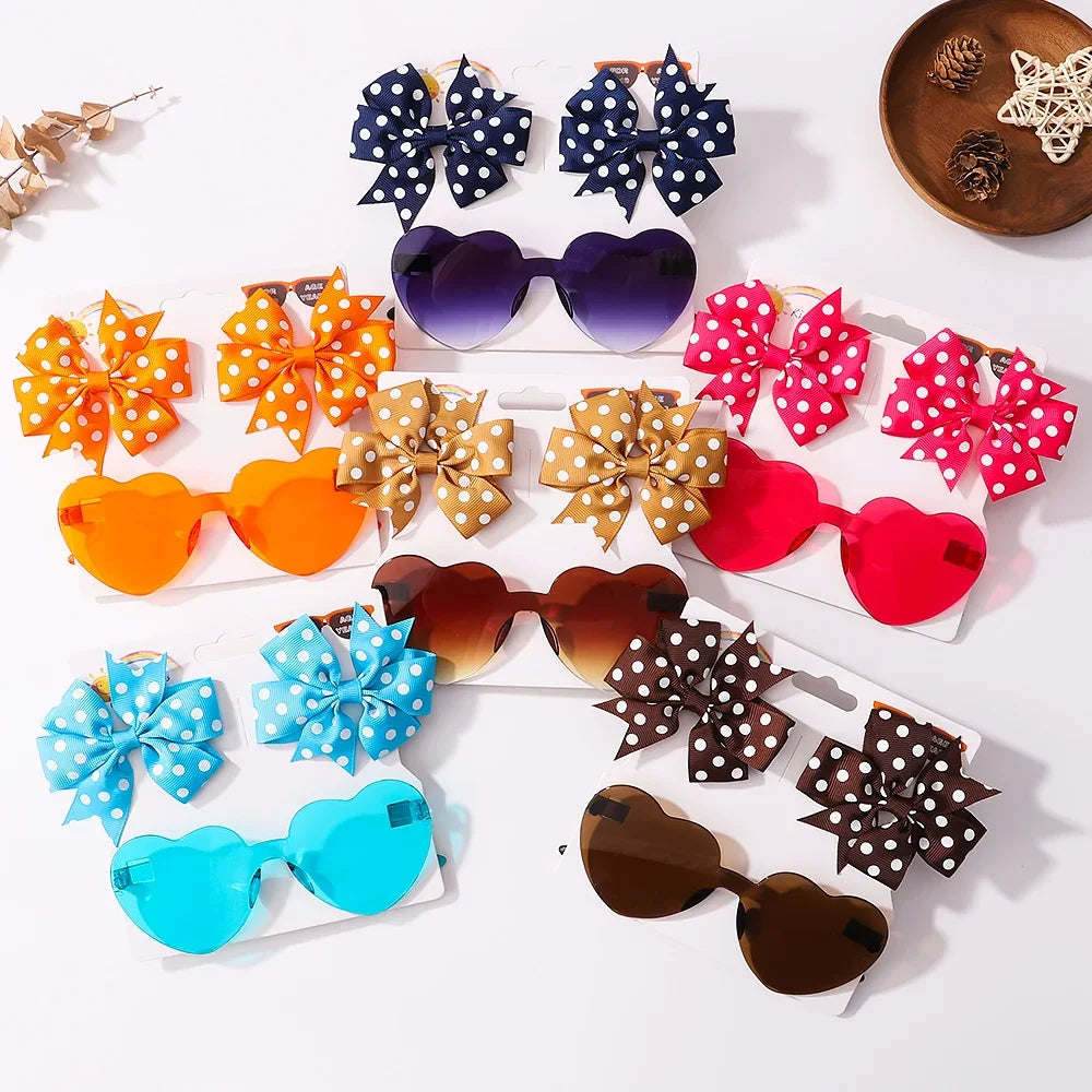 3Pcs Kids Cute Solid Dot Hairpin & Colorful Heart Sunglasses Set