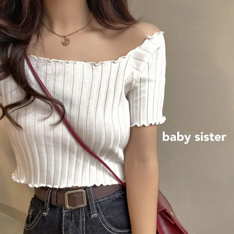 Women’s Off-Shoulder Knitted Slim Fit Knitted Short Sleeve Y2K Tee