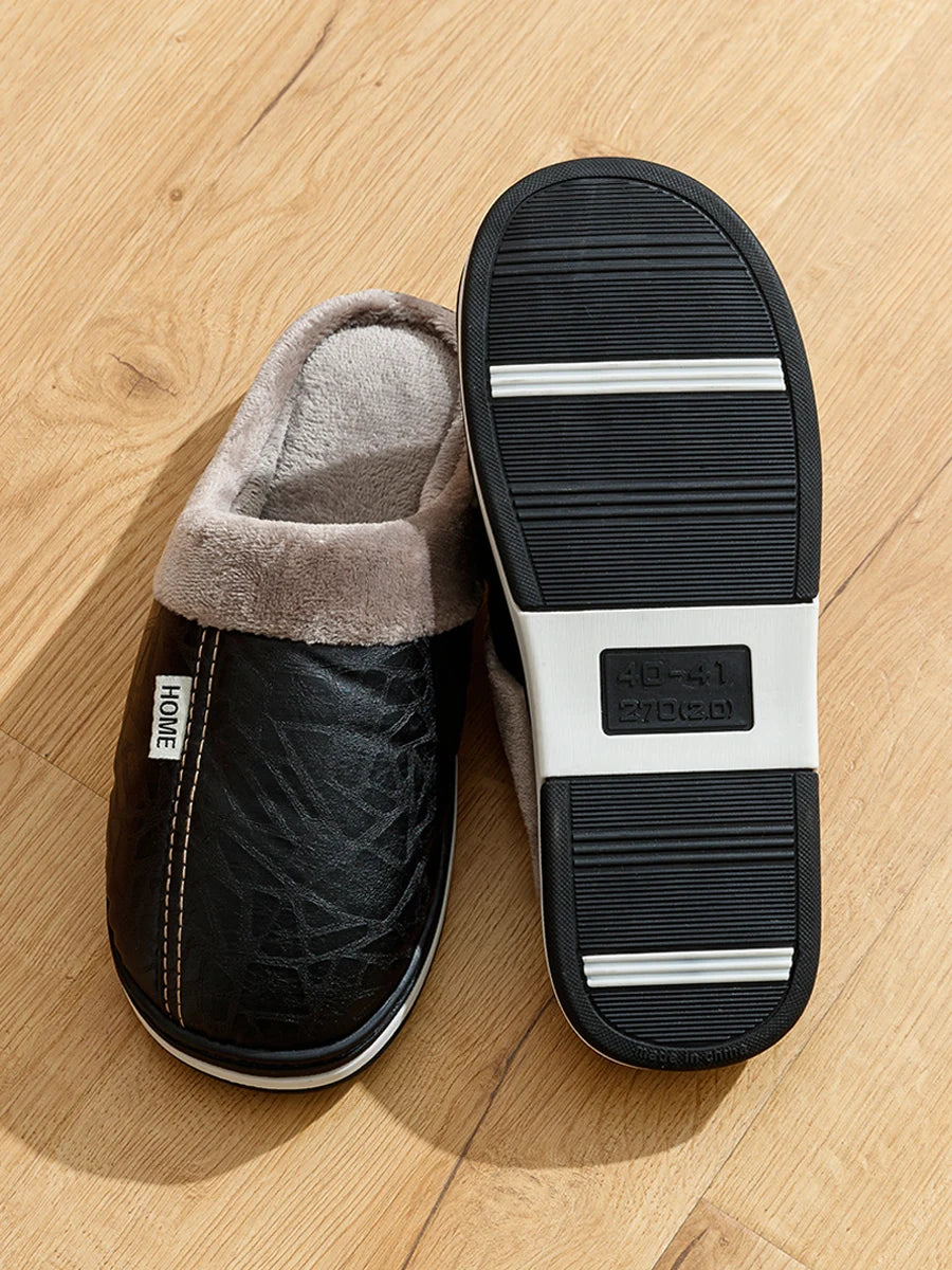 Men’s Winter PU Leather Slippers | Warm & Waterproof Indoor Shoes