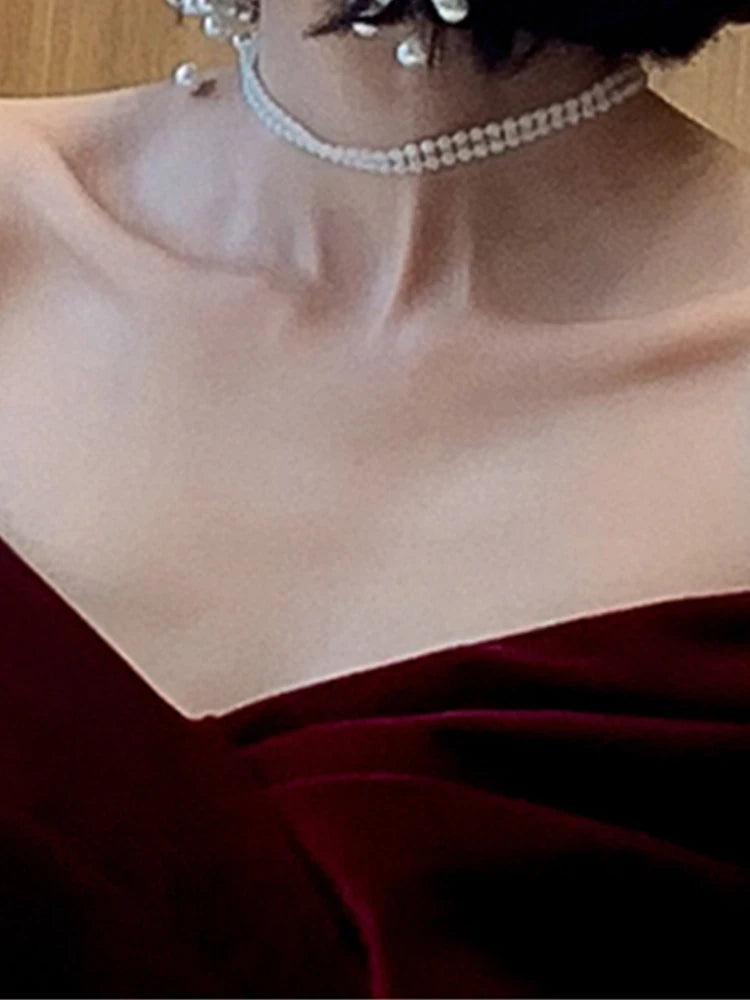 Lautaro Spring Long Luxury Elegant Wine Red Velvet Evening Dress