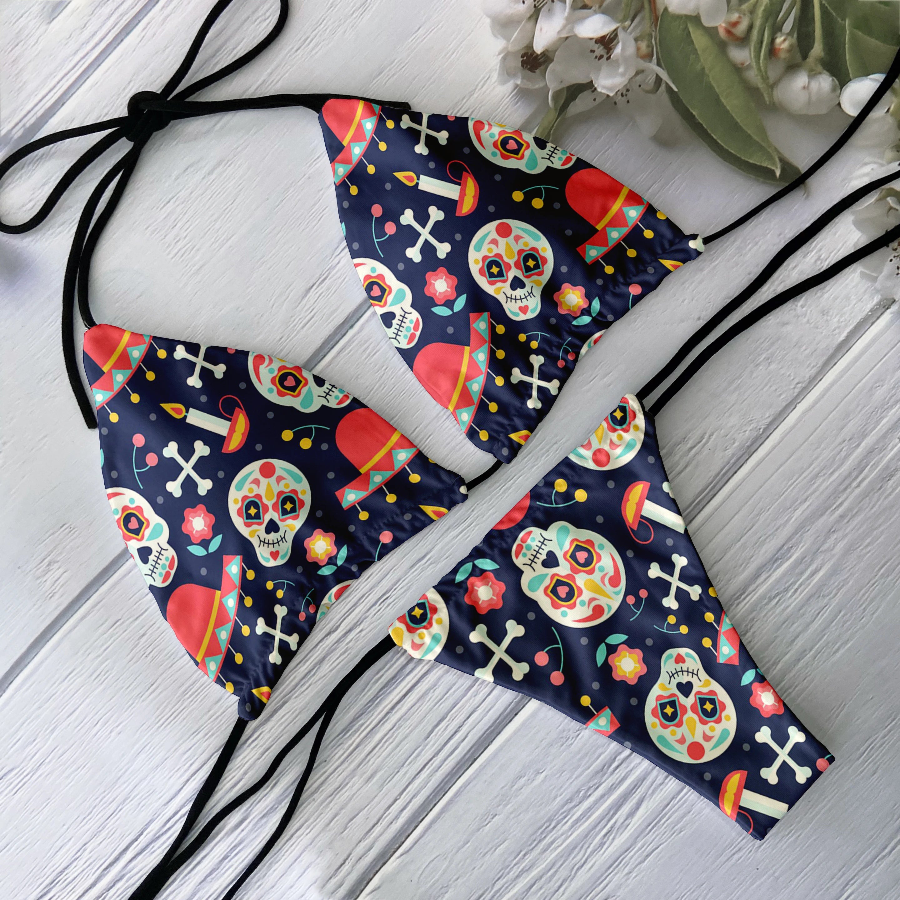 Skull Print Backless Bikini Set