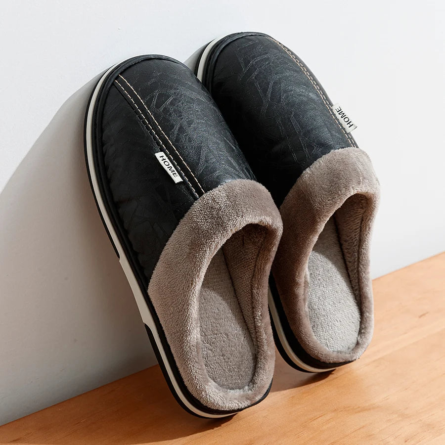 Men’s Winter PU Leather Slippers | Warm & Waterproof Indoor Shoes