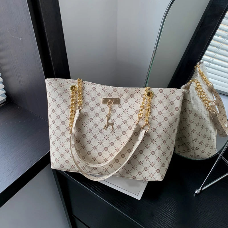 Soft Leather Plaid Shoulder Tote Bag