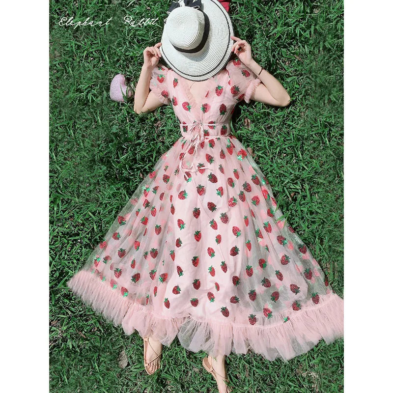 New In Sequined Strawberry Mesh Pleated Maxi Dress