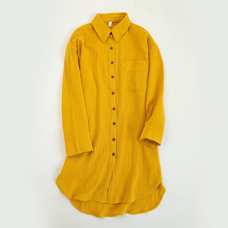 100% Cotton Long Sleeve Chic Shirt Dress with Turn-Down Collar
