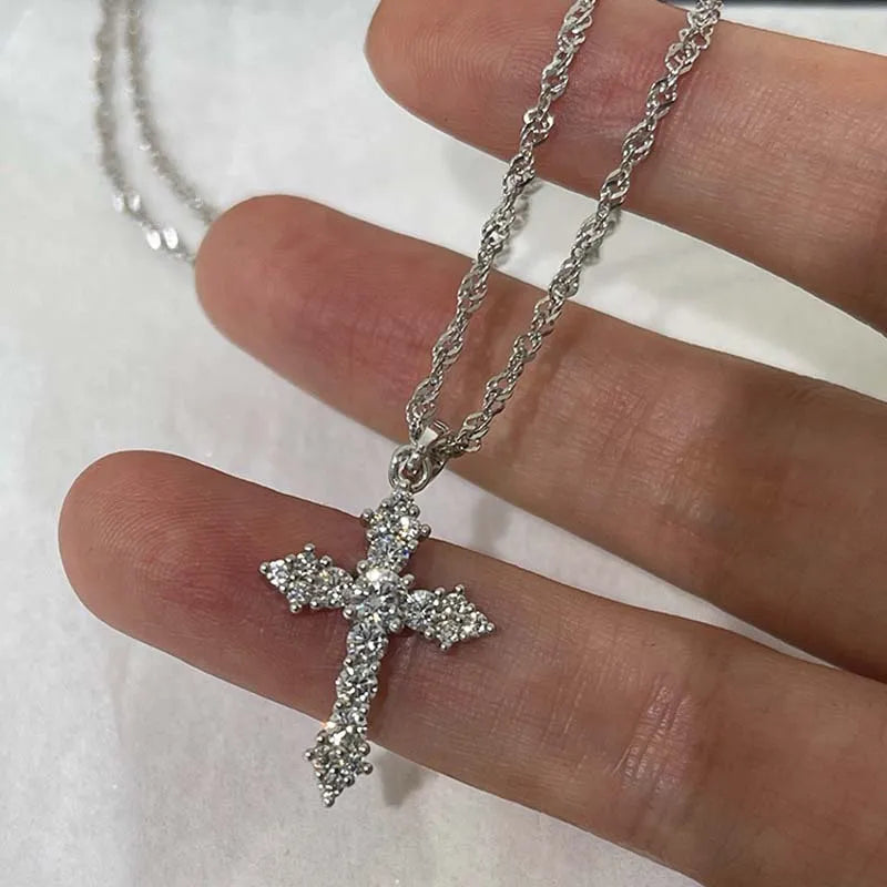 Silver Crystal Cross Pendant Necklace
