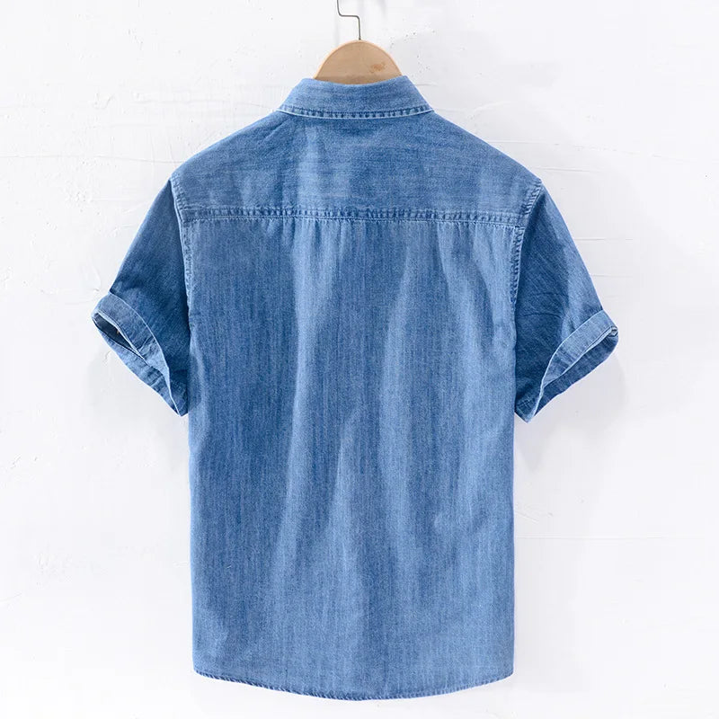 Men Denim Shirt , Thin Summer Half Sleeve Casual Top, Loose Trendy Handsome Short Sleeve ,Camping Denim Short Sleeve Jacket