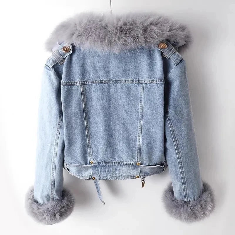 2026 New Women Faux Fox Fur Collar Jean Coat Winter Jacket Female Short Warm Parkas Rabbit Hair Lining Outwear Fashion Overcoat