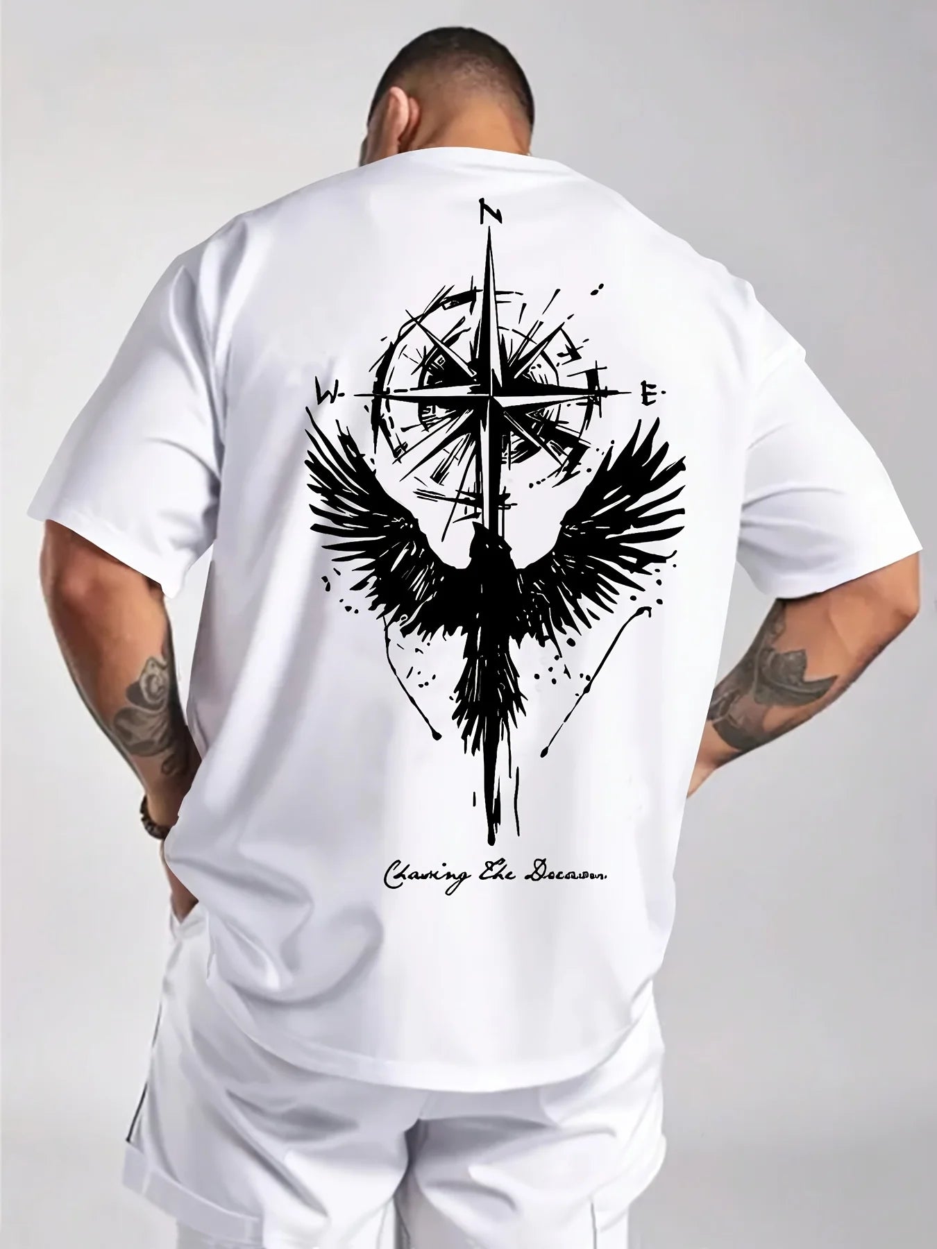 Men’s Cotton Compass & Bird Print T-Shirt