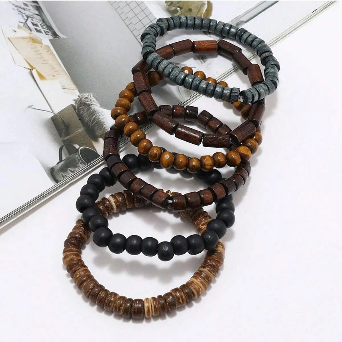 Wooden & Braided Leather Wrap Bracelets