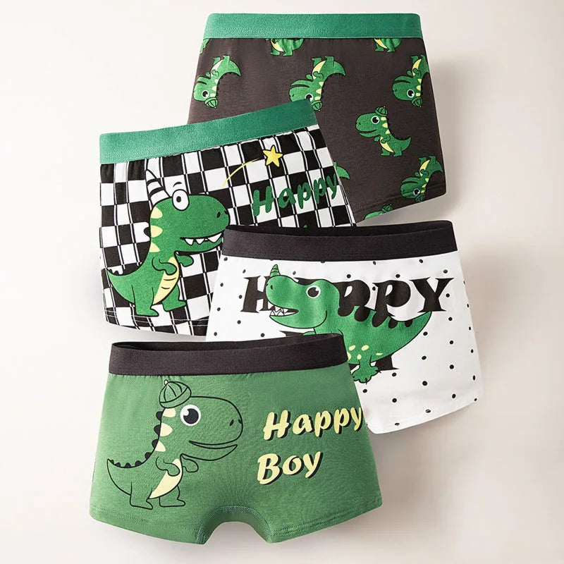 4 Pcs Kids’ Boxer Shorts Set | Cartoon Dinosaur Cotton Underwear