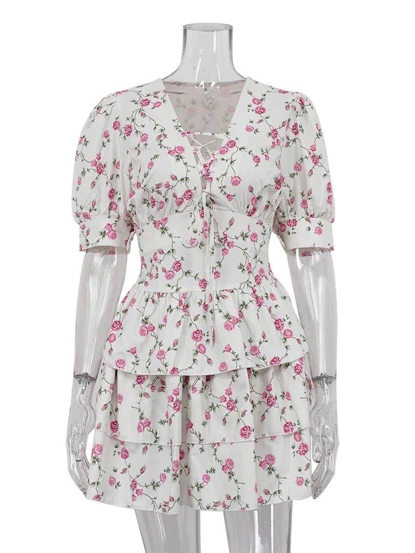 Clacive V-Neck Print Short Sleeve Mini Dress