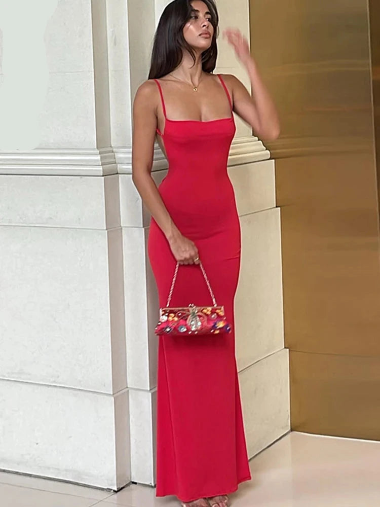 Cryptographic Draped Backless Slip Maxi Dress