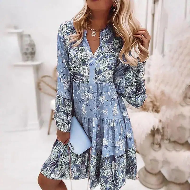 Floral V Neck Dress Long Sleeve Boho Beach