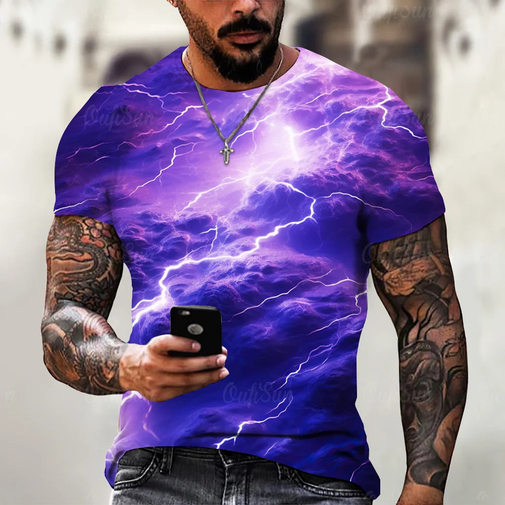 Men’s 3D Lightning Print T-Shirt – Casual Oversized Short Sleeve