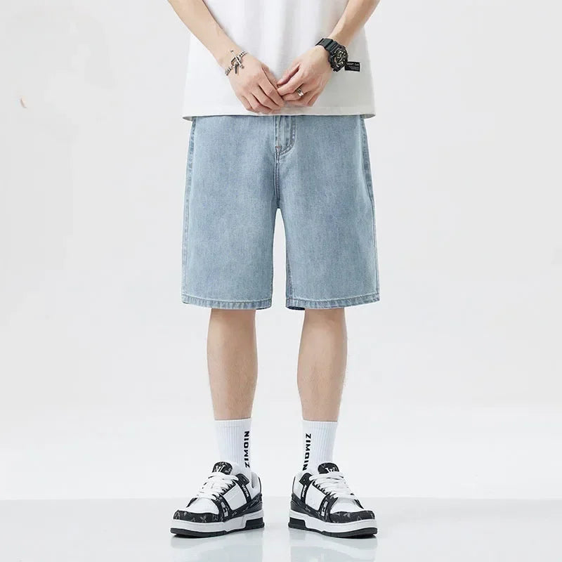 2025 Summer Classic Shorts Jeans Men Denim Pants Straight Stretch Casual Cool Thin Knee Length Blue Fashion Brand Daily Trousers