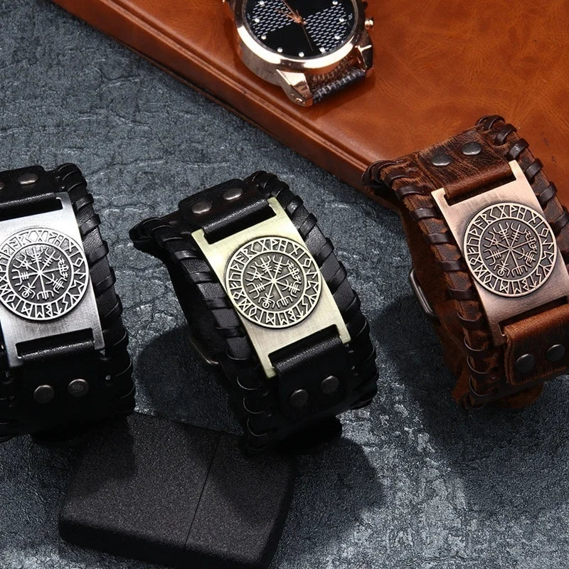 Retro Wide Leather Pirate Compass Bracelet