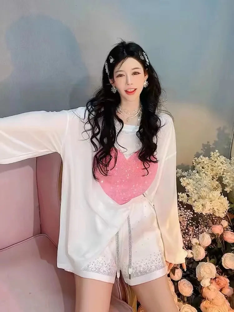 Plus Size Y2K Pink Shine Rhinestone Women’s Shorts | High-Waist Summer Hot Shorts