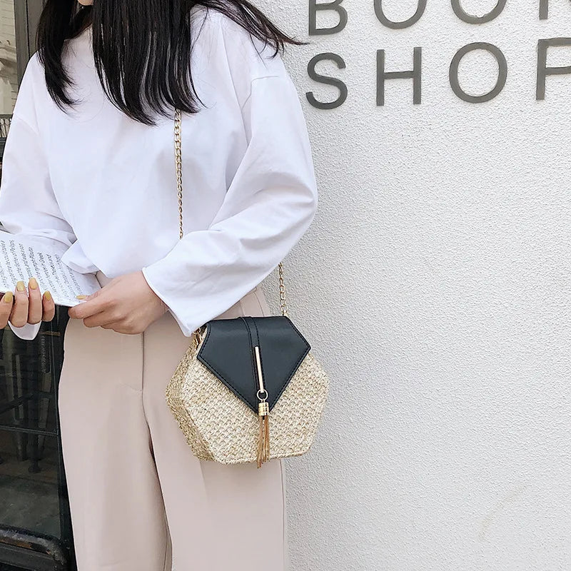 Bohemian Hexagon Straw & Leather Handbag