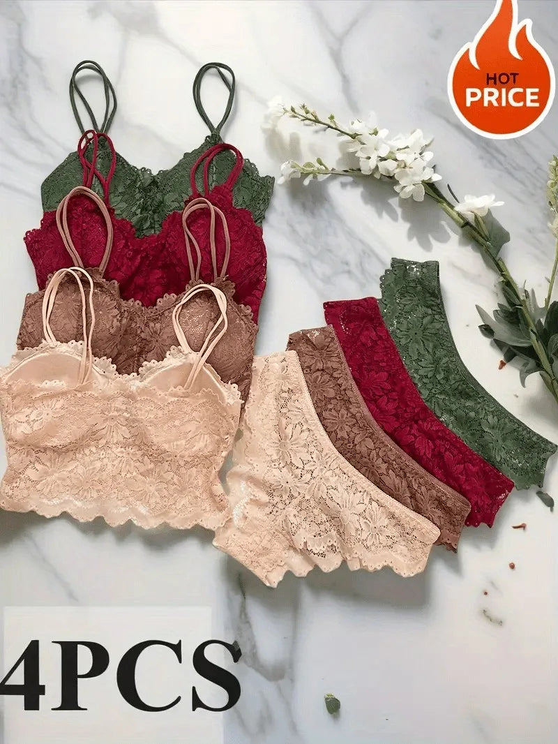 8pcs Wire-Free Lace Lingerie Set | 4 Bras & 4 Panties Combo