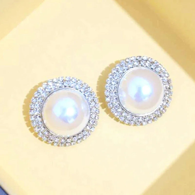 Exaggerated Rhinestone Pearl Stud Earrings for Women