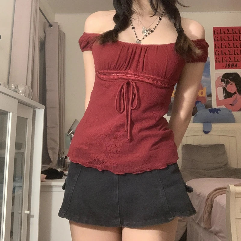 Kawaii Bow Square Collar Crop Top for Women