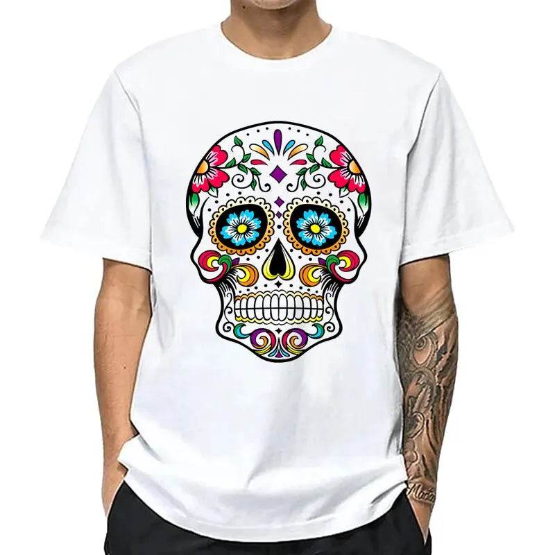 Men’s Skull Print Street Style T-Shirt | 100% Cotton, Loose Fit, Summer Casual Tee