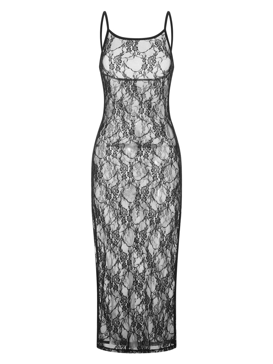 Fashion Spaghetti Strap See-Through Midi Dress