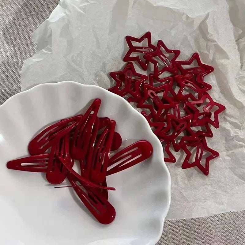 10-Piece Red Star & Waterdrop Hair Clip Set for Women & Girls