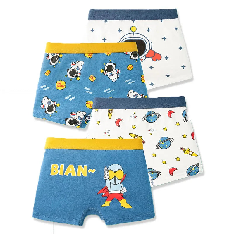 4 Pcs Kids’ Boxer Shorts Set | Cartoon Dinosaur Cotton Underwear