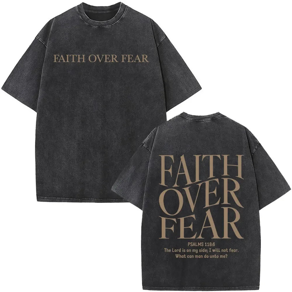Heart Cross Christian Jesus Faith Over Fear Bible Verse Vintage Washed T-shirts Unisex Fashion Oversized T Shirts Cotton T-shirt