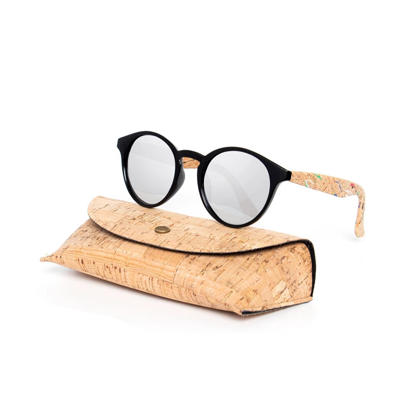 Round Bamboo Grain Polarized Sunglasses with Case – Unisex Wooden Style Shades