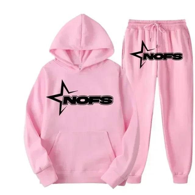 Streetwear NOFS Star Print Tracksuit Black Hoodie and Joggers Set for Men Women
