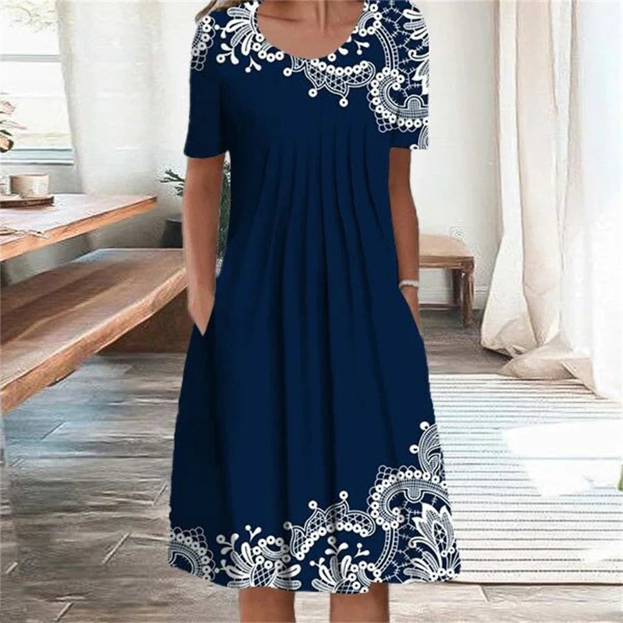 Elegant Printed Women’s Dress Casual Mid Calf