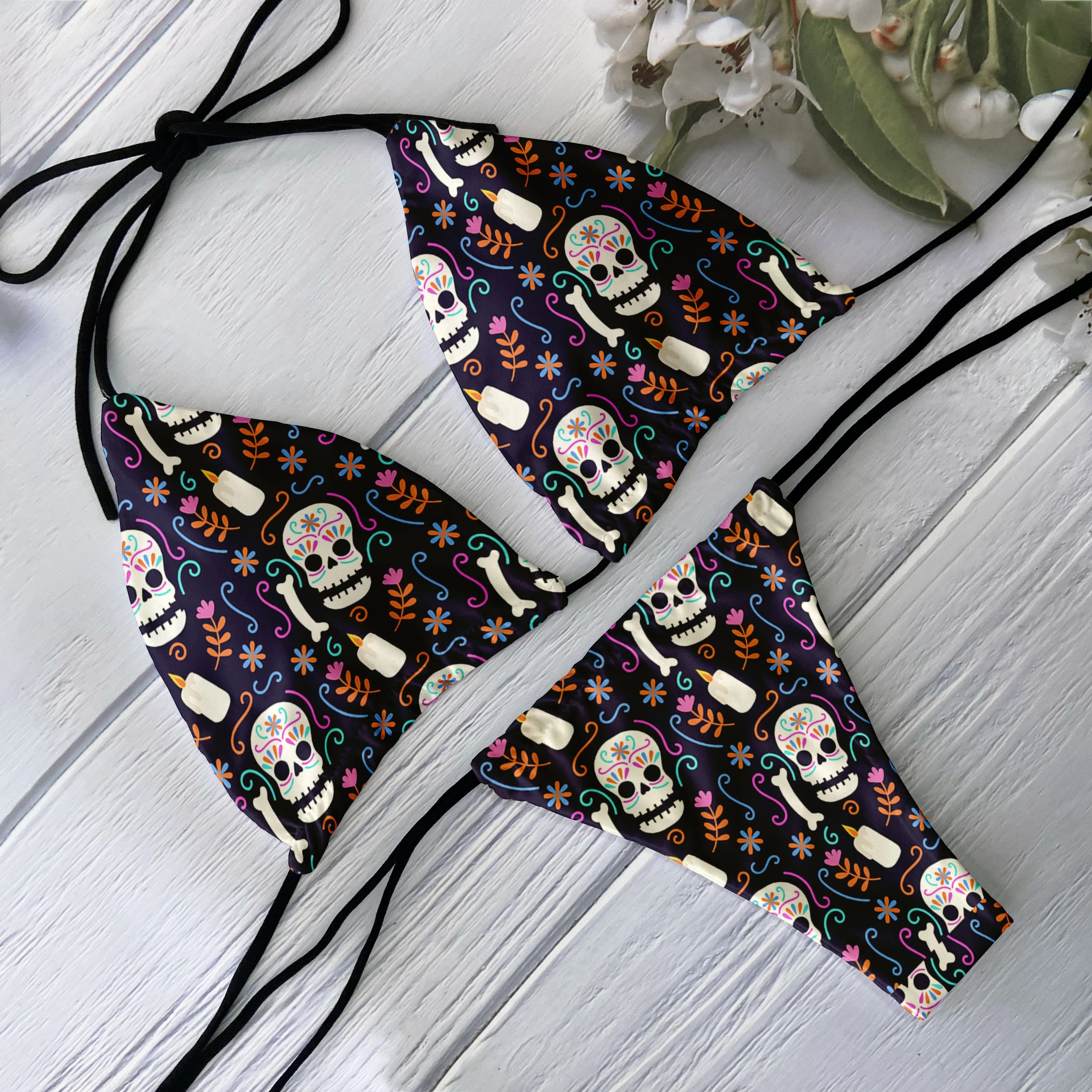 Skull Print Backless Bikini Set