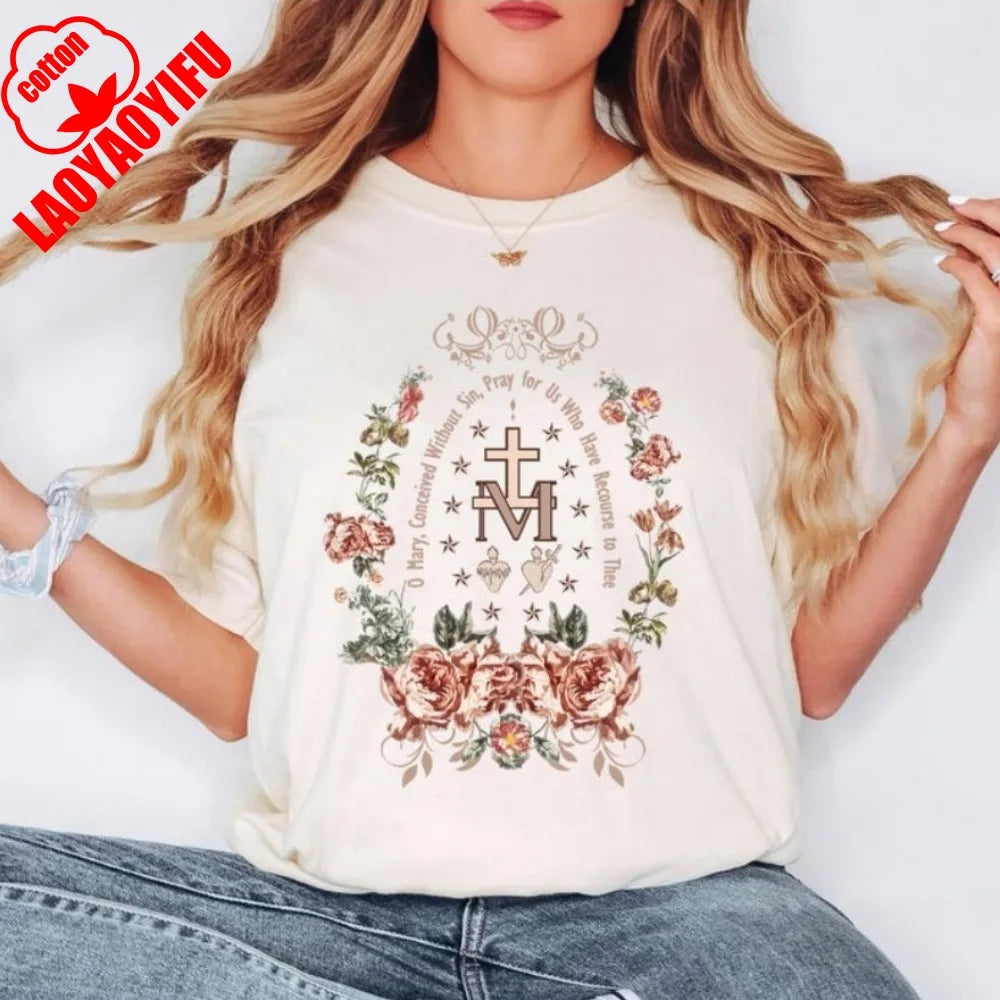Unisex Virgin Mary Cotton T-Shirt – Short Sleeve Christian Tee