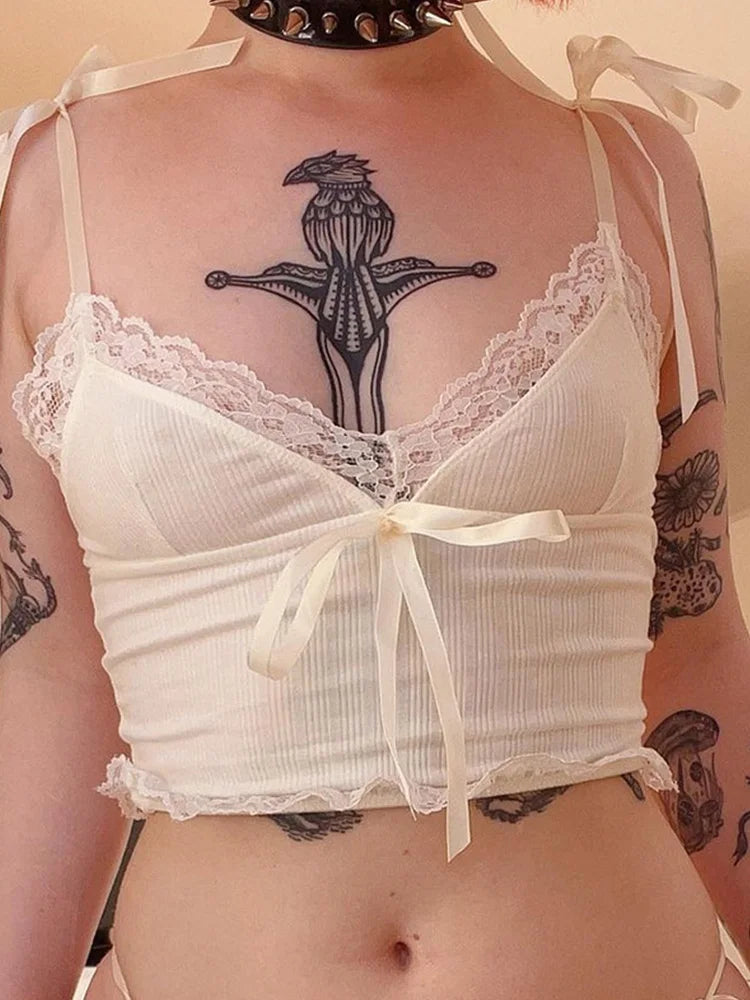 Lace Trim Crop Top - Aesthetic White Bow Mini Vest