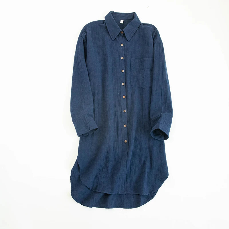 100% Cotton Long Sleeve Chic Shirt Dress with Turn-Down Collar