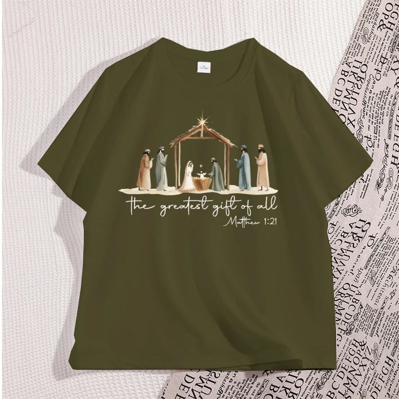 The Greatest Gift of All Tshirt Nativity Religious Christmas T Shirt Jesus Love T-Shirt Casual Cotton Round Neck Graphic Tees