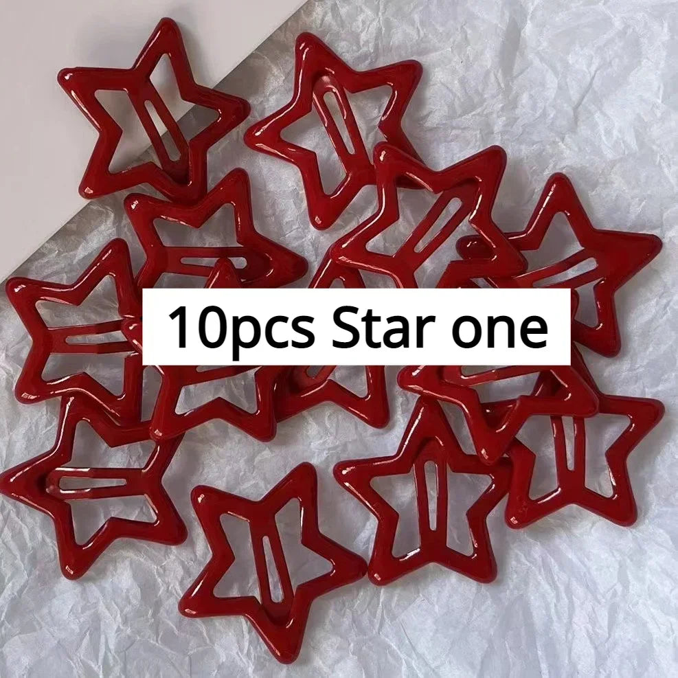 10-Piece Red Star & Waterdrop Hair Clip Set for Women & Girls