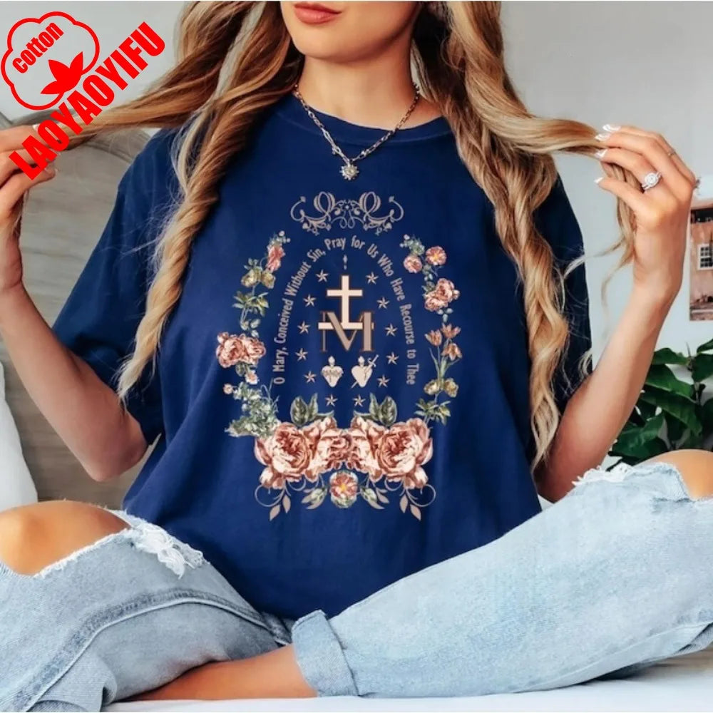 Unisex Virgin Mary Cotton T-Shirt – Short Sleeve Christian Tee
