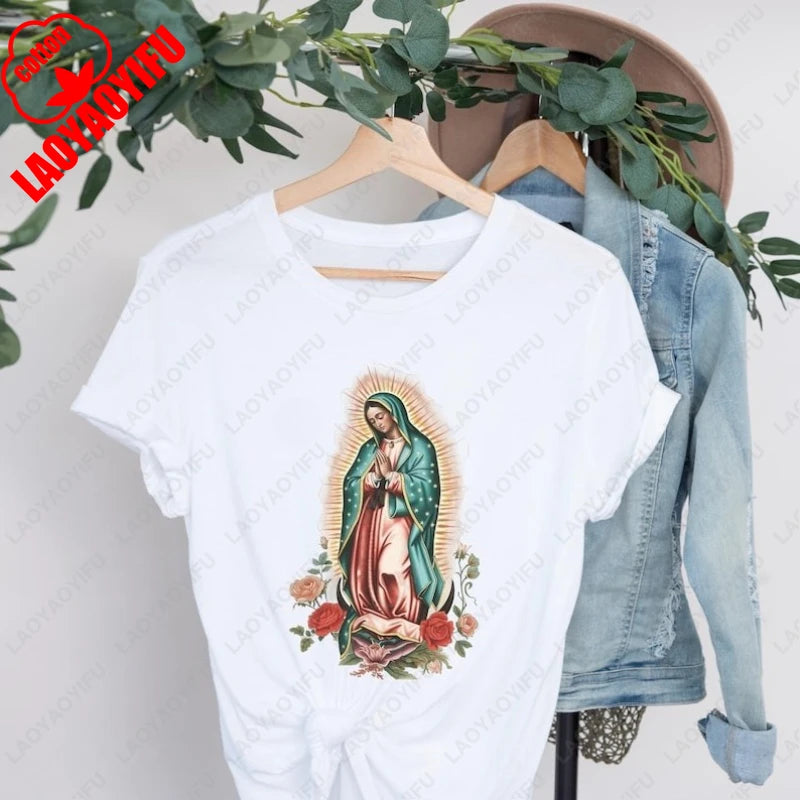 Virgen De Guadalupe Mary Tshirt Catholic Gift Mexican Religious Women Men Camisetas Christian Trend Tees Comfortable Cotton Tops